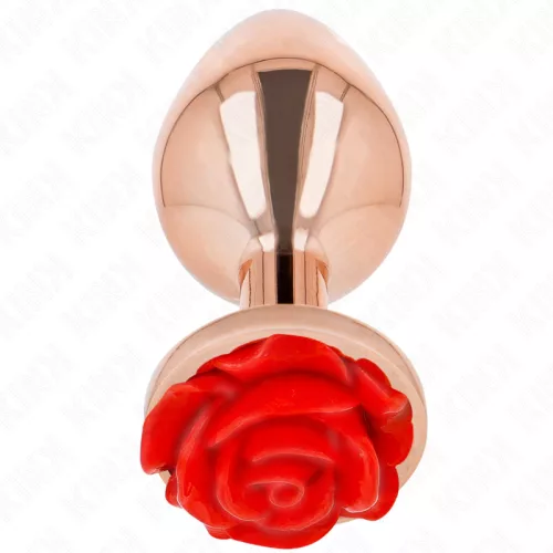 KINK – Rózsaarany színű rozsdamentes acél anál plug piros rózsa díszítéssel, 10,2 cm
