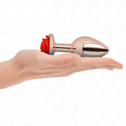 KINK – Rózsaarany színű rozsdamentes acél anál plug piros rózsa díszítéssel, 10,2 cm