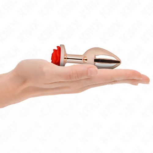 KINK – Rózsaarany színű rozsdamentes acél anál plug piros rózsa díszítéssel, 8,9 cm