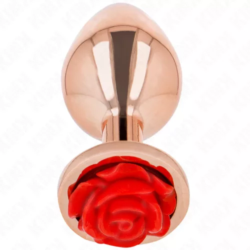 KINK – Rózsaarany színű rozsdamentes acél anál plug piros rózsa díszítéssel, 7,8 cm