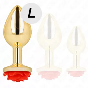   KINK – Arany színű rozsdamentes acél anál plug piros rózsa díszítéssel, 10,2 cm