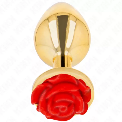 KINK – Arany színű rozsdamentes acél anál plug piros rózsa díszítéssel, 10,2 cm