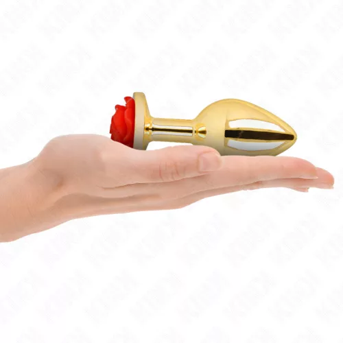 KINK – Arany színű rozsdamentes acél anál plug piros rózsa díszítéssel, 10,2 cm