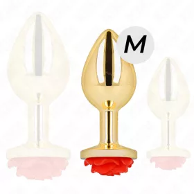   KINK – Arany színű rozsdamentes acél anál plug piros rózsa díszítéssel, 8,9 cm