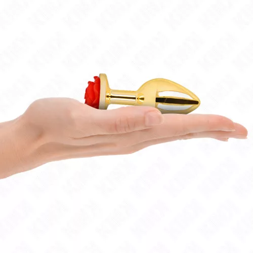 KINK – Arany színű rozsdamentes acél anál plug piros rózsa díszítéssel, 8,9 cm