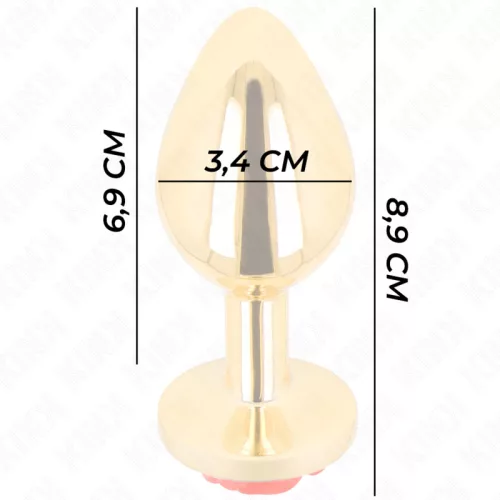 KINK – Arany színű rozsdamentes acél anál plug piros rózsa díszítéssel, 8,9 cm