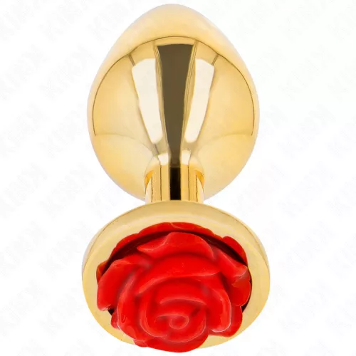 KINK – Arany színű rozsdamentes acél anál plug piros rózsa díszítéssel, 7,8 cm