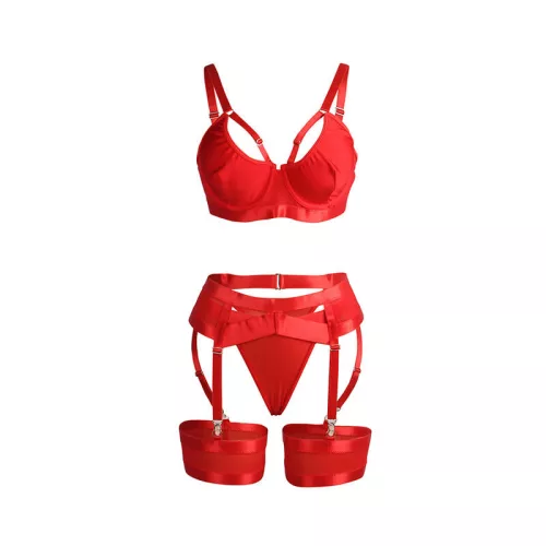 SUBBLIME – Piros bondage melltartó szett harisnyatartóval, L/XL