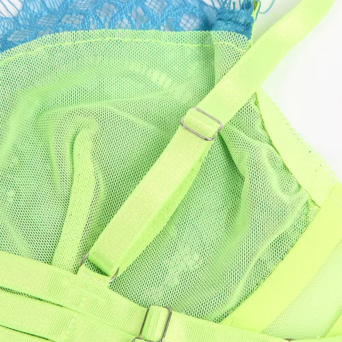 SUBBLIME – Zöld-kék csipkés melltartó szett harisnyatartóval, S/M