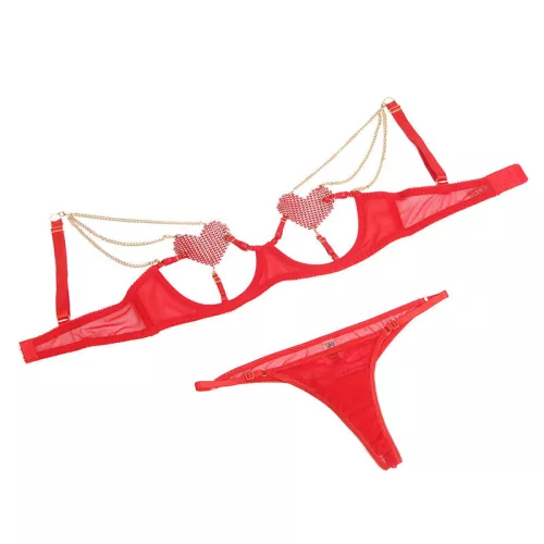 SUBBLIME – Piros melltartó szett láncos szívmintával, L/XL