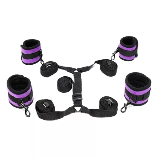 RIMBA BONDAGE – Ágy alá rögzíthető soft bondage szett szemkötővel, fekete–lila