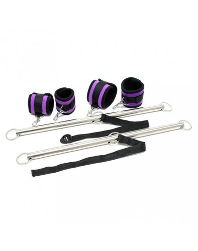 RIMBA BONDAGE – Dupla terpeszrúd puha tépőzáras bilincsekkel, krómozott rudakkal, fekete-lila