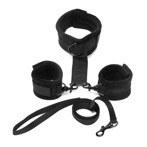 RIMBA BONDAGE – Nyakörv és csuklóbilincs szett levehető pórázzal, fekete