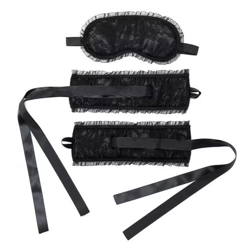 RIMBA BONDAGE – Szatén hatású kézbilincs szett szemkötővel, fekete