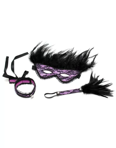 RIMBA BONDAGE – Domina szett maszkkal, nyakörvvel és tollas cirógatóval, fekete-lila