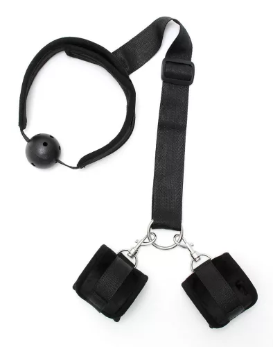 RIMBA BONDAGE – Hátrakötöző szett szájgolyóval és puha tépőzáras bilincsekkel