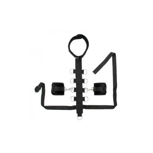 RIMBA BONDAGE – Puha nyakörv rögzítő pánttal és kézbilincsekkel, tépőzáras, fekete