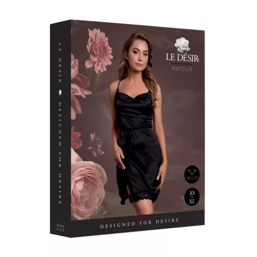 Le Désir – Nyitott hátú selyem ruha keresztpántos részletekkel és sliccel – fekete – univerzális méret